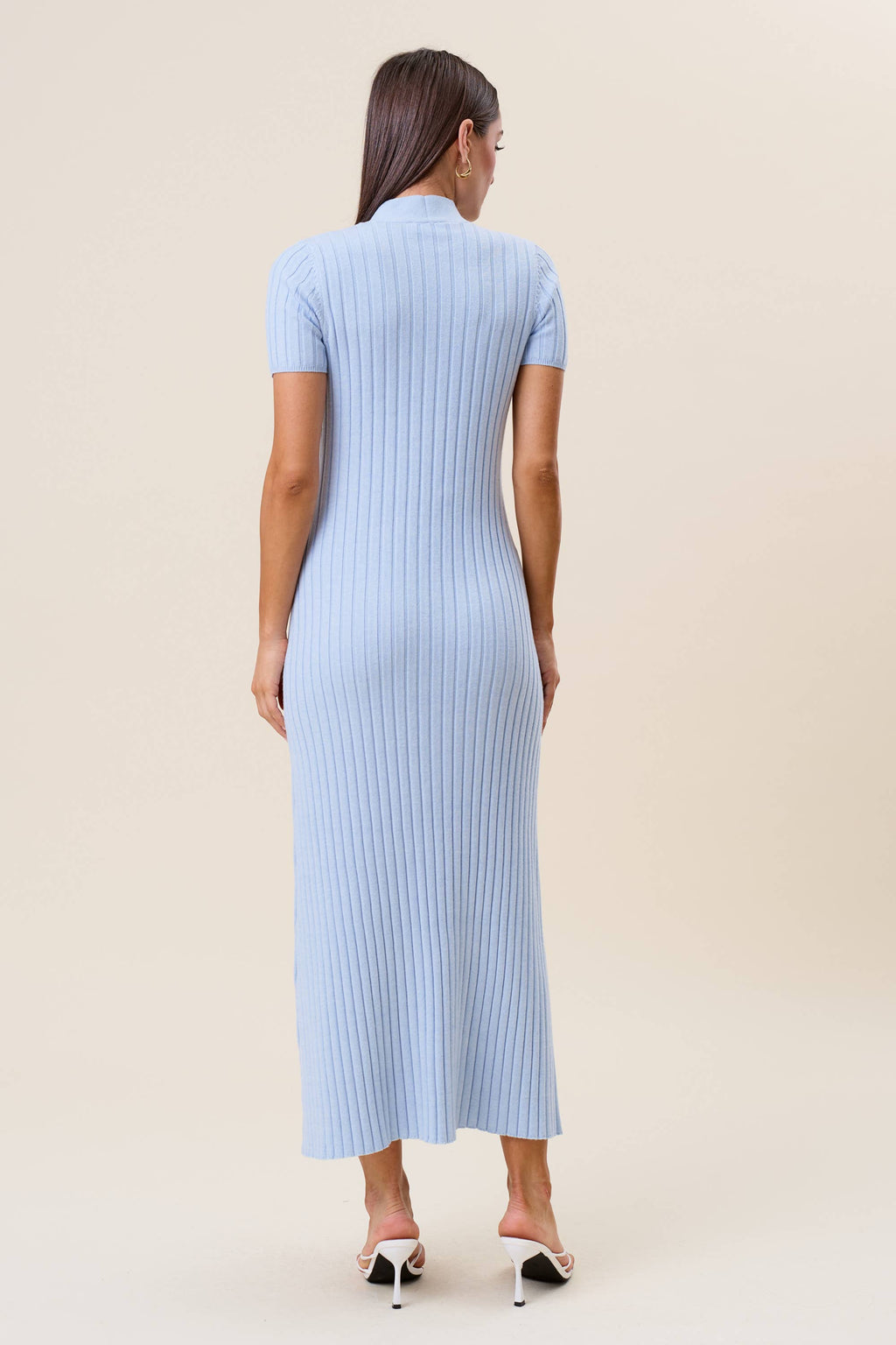 Tie neck short sleeve ribbed knit dress