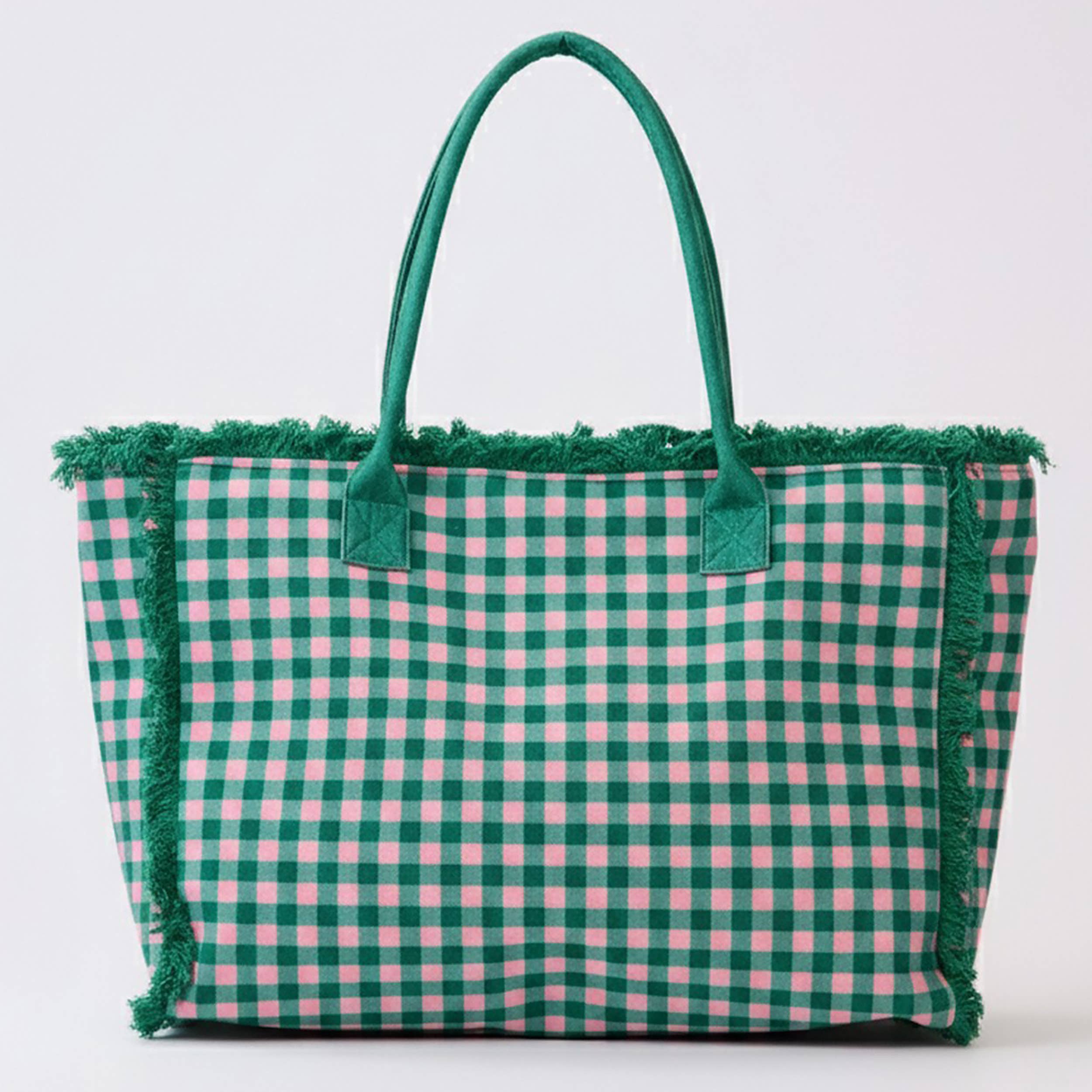 Gingham Check Frayed Trim Tote Bag