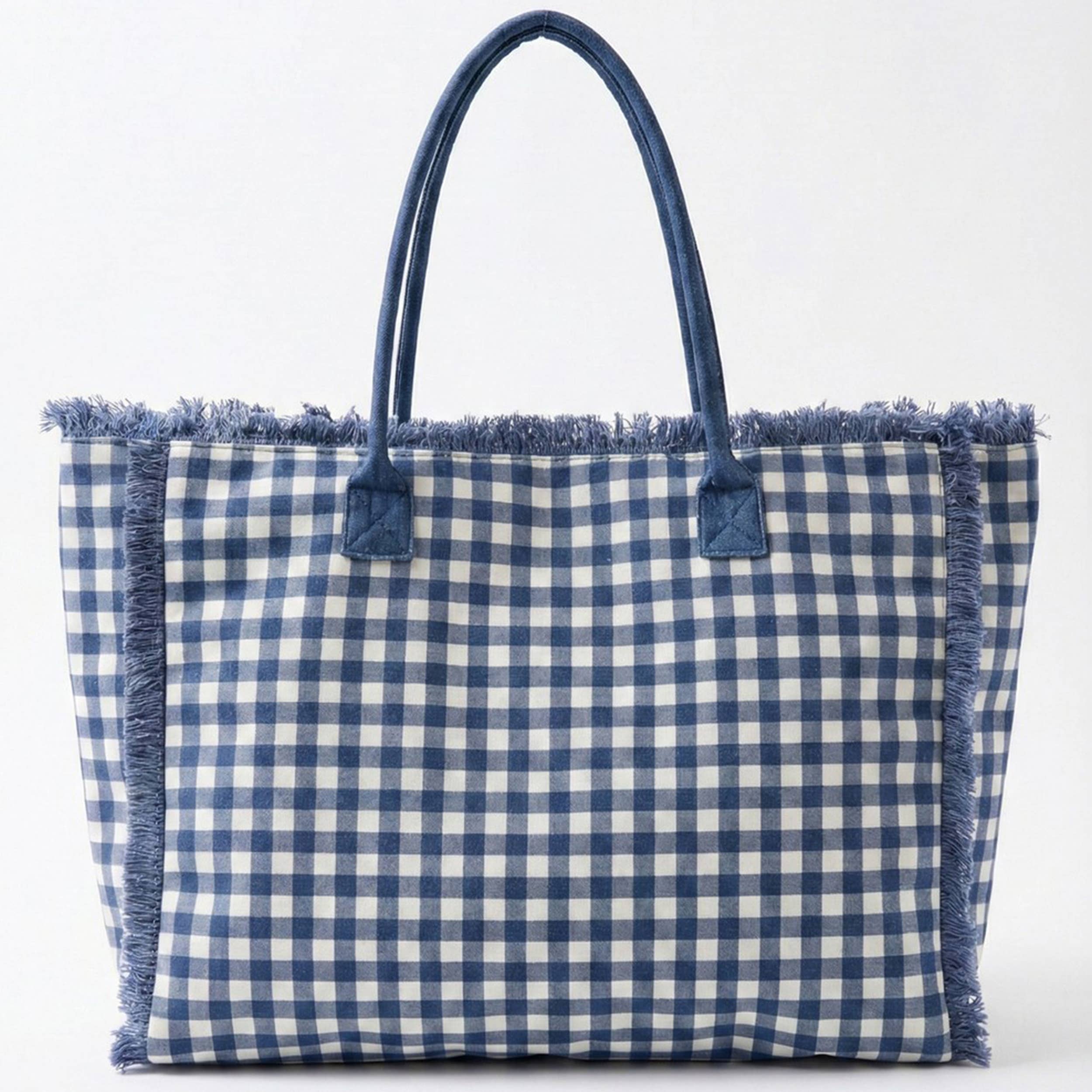 Gingham Check Frayed Trim Tote Bag