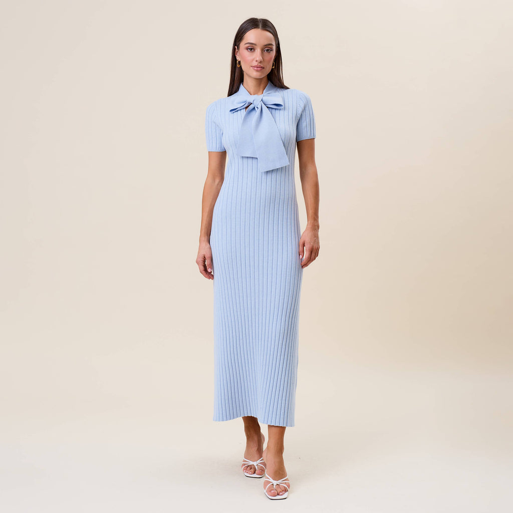 Tie neck short sleeve ribbed knit dress