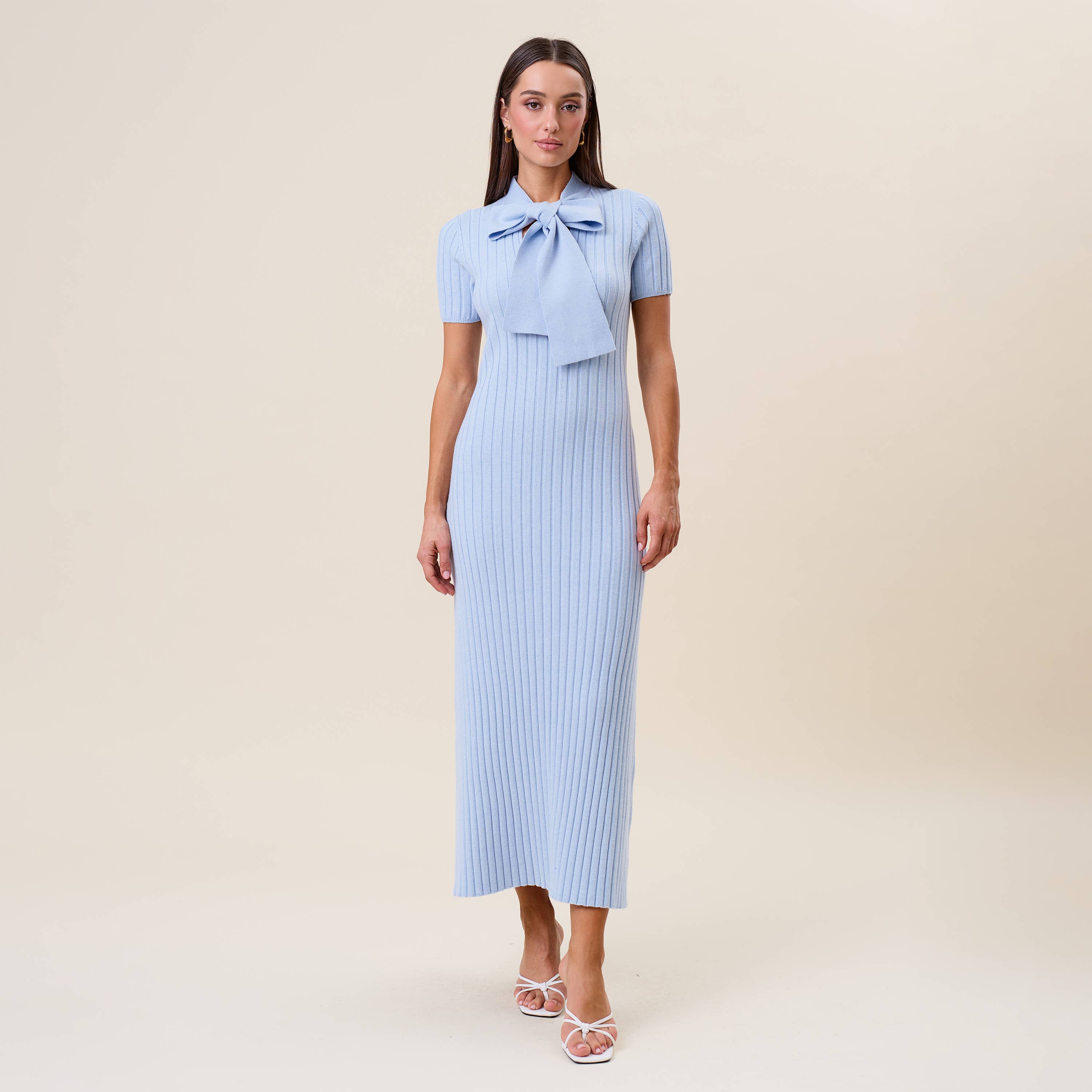 Tie neck short sleeve ribbed knit dress