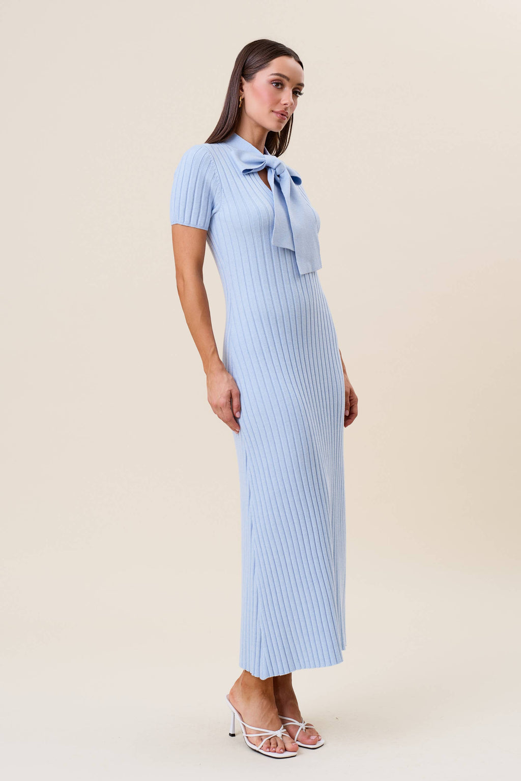 Tie neck short sleeve ribbed knit dress
