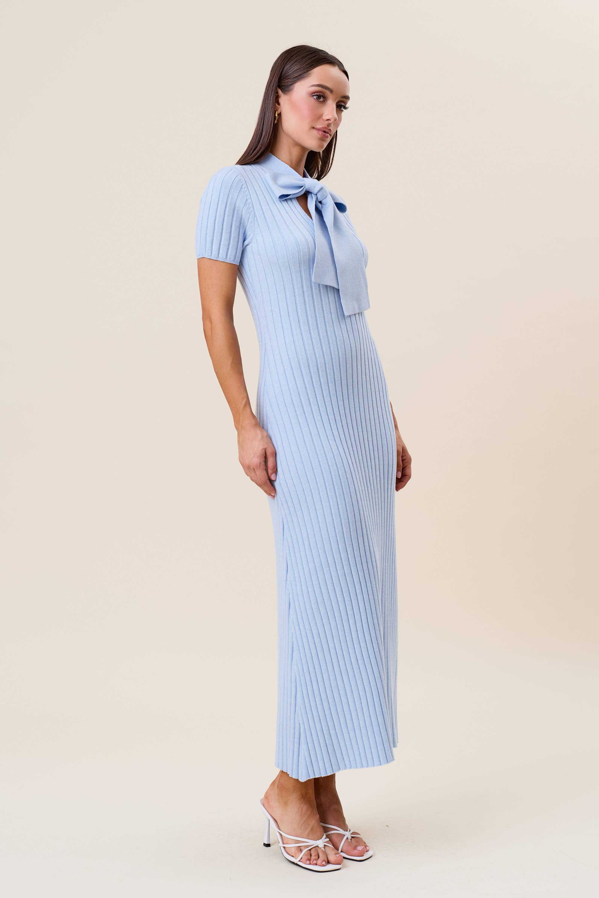 Tie neck short sleeve ribbed knit dress