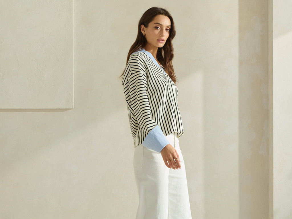 Striped Top with Contrast Neck & Cuffs