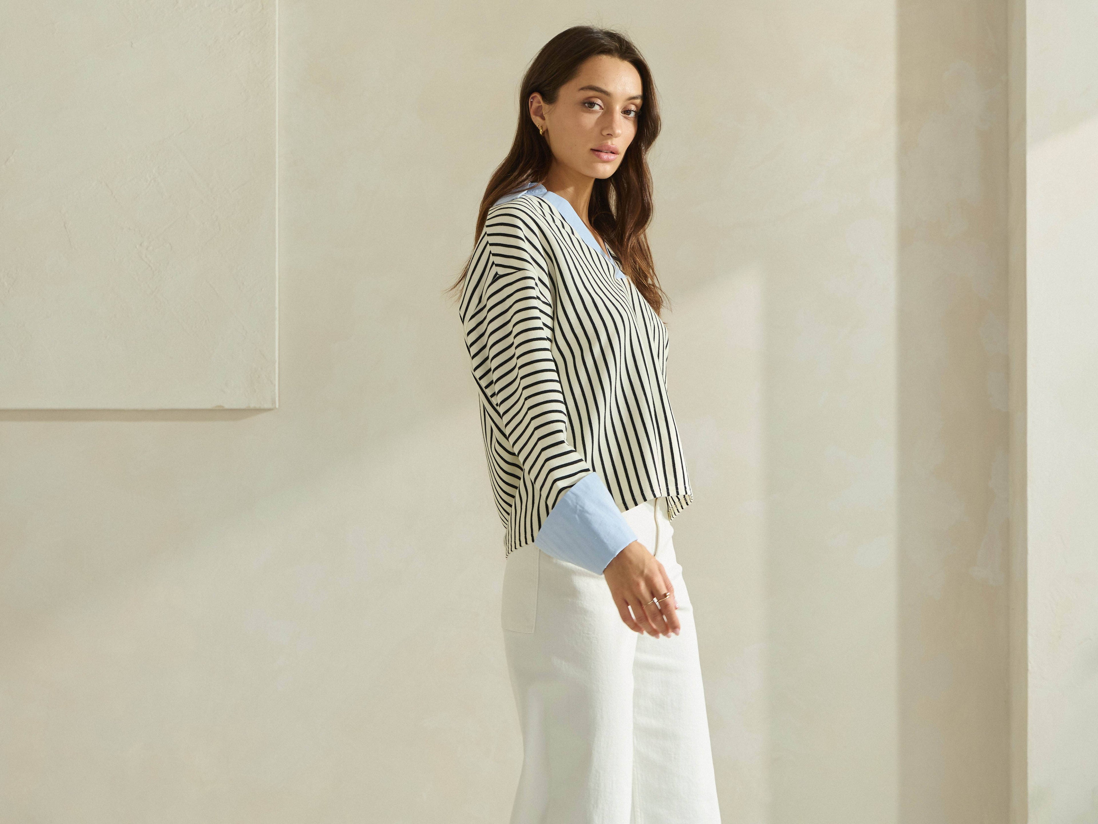 Striped Top with Contrast Neck & Cuffs
