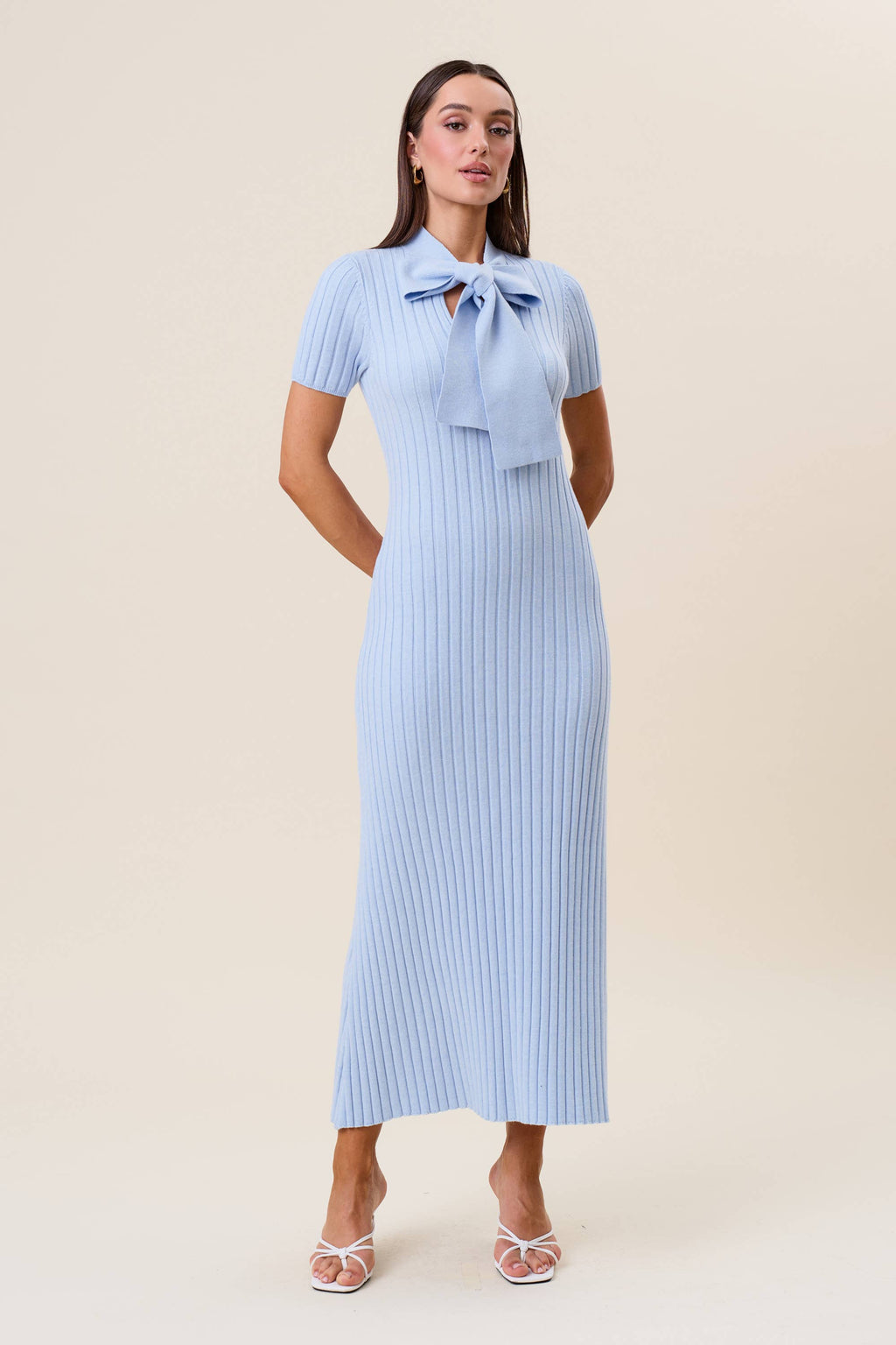 Tie neck short sleeve ribbed knit dress