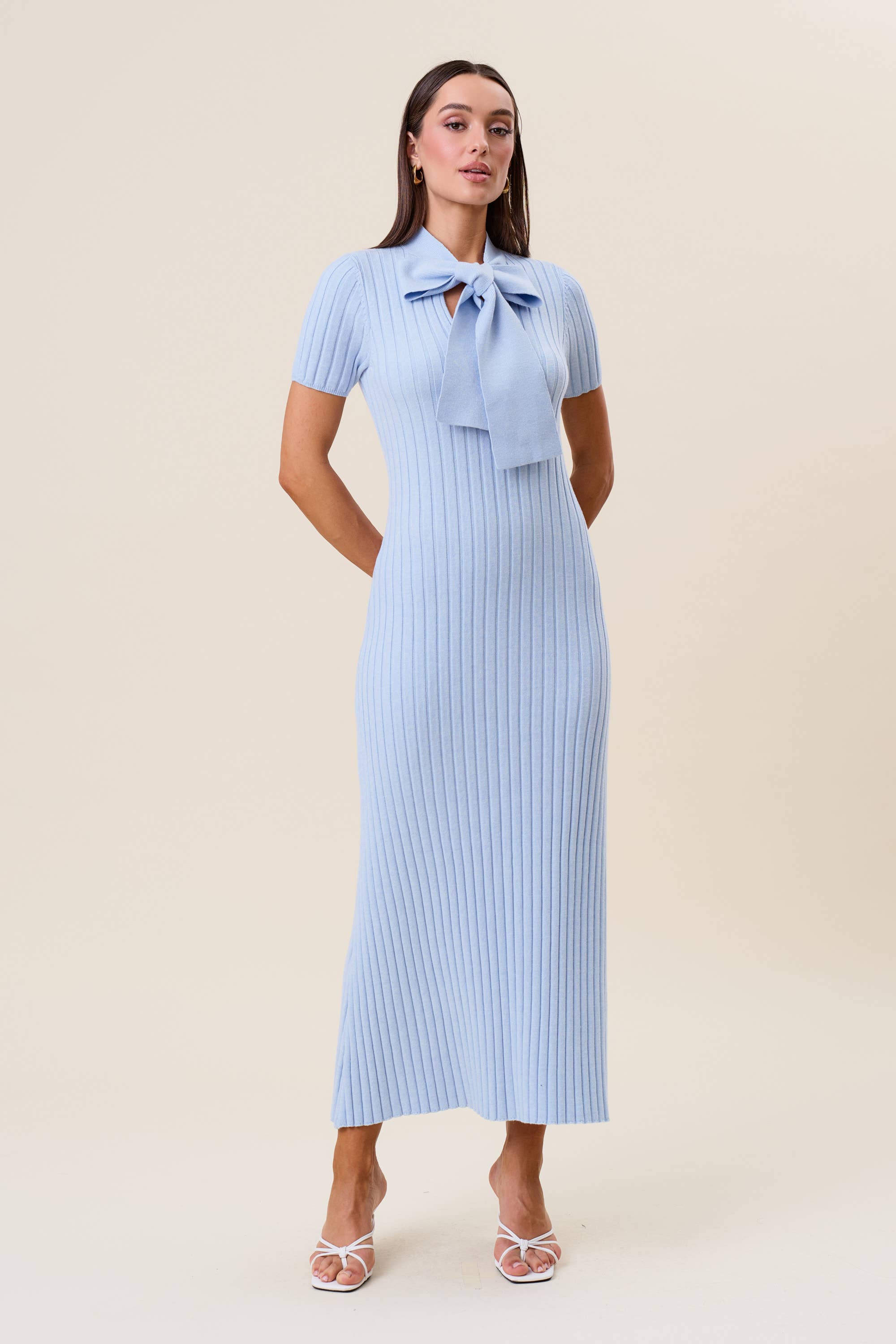Tie neck short sleeve ribbed knit dress