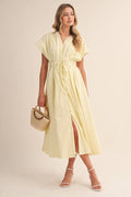 POPLIN SHORT SLV PLEATED DETAIL BELTED MAXI DRESS