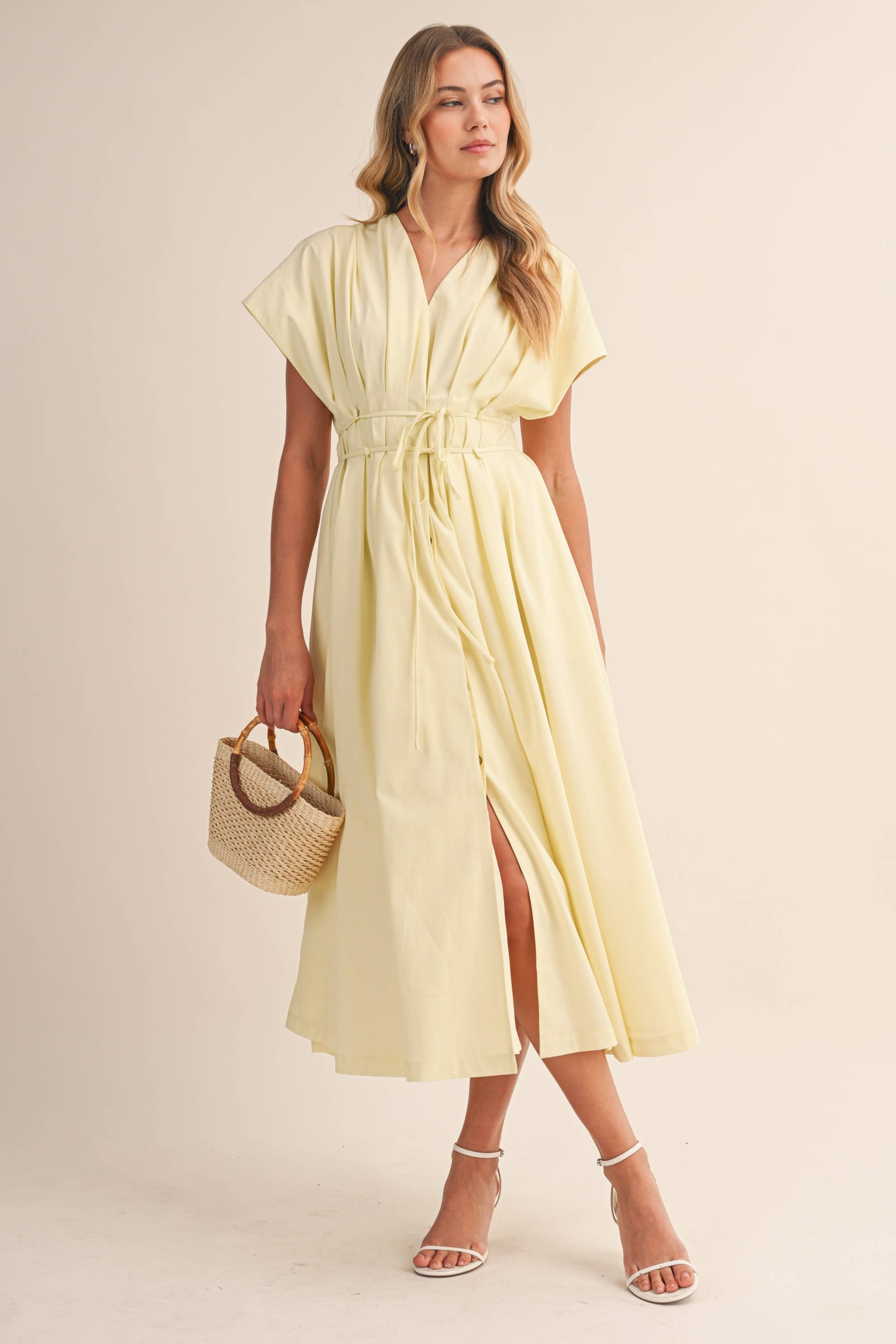 POPLIN SHORT SLV PLEATED DETAIL BELTED MAXI DRESS