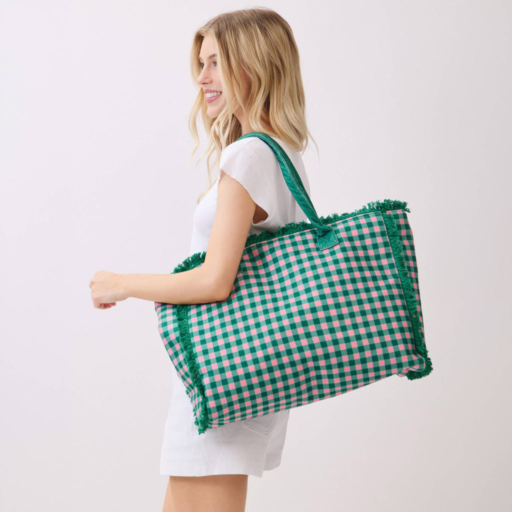 Gingham Check Frayed Trim Tote Bag