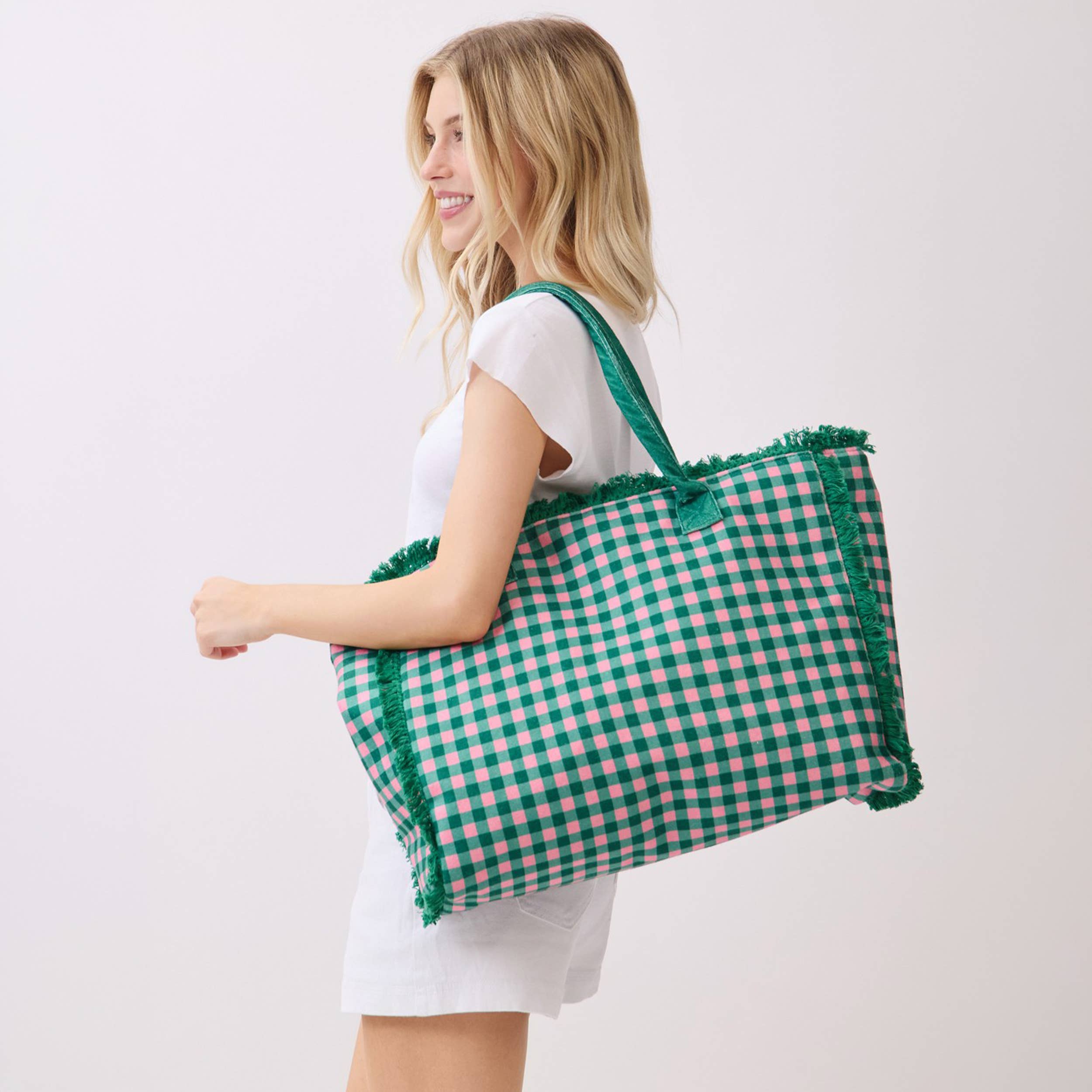 Gingham Check Frayed Trim Tote Bag