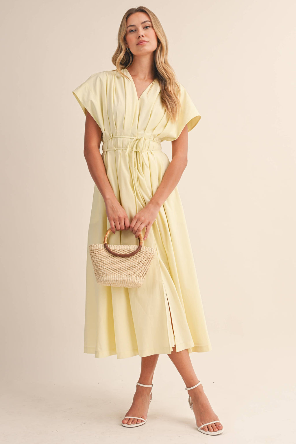 POPLIN SHORT SLV PLEATED DETAIL BELTED MAXI DRESS