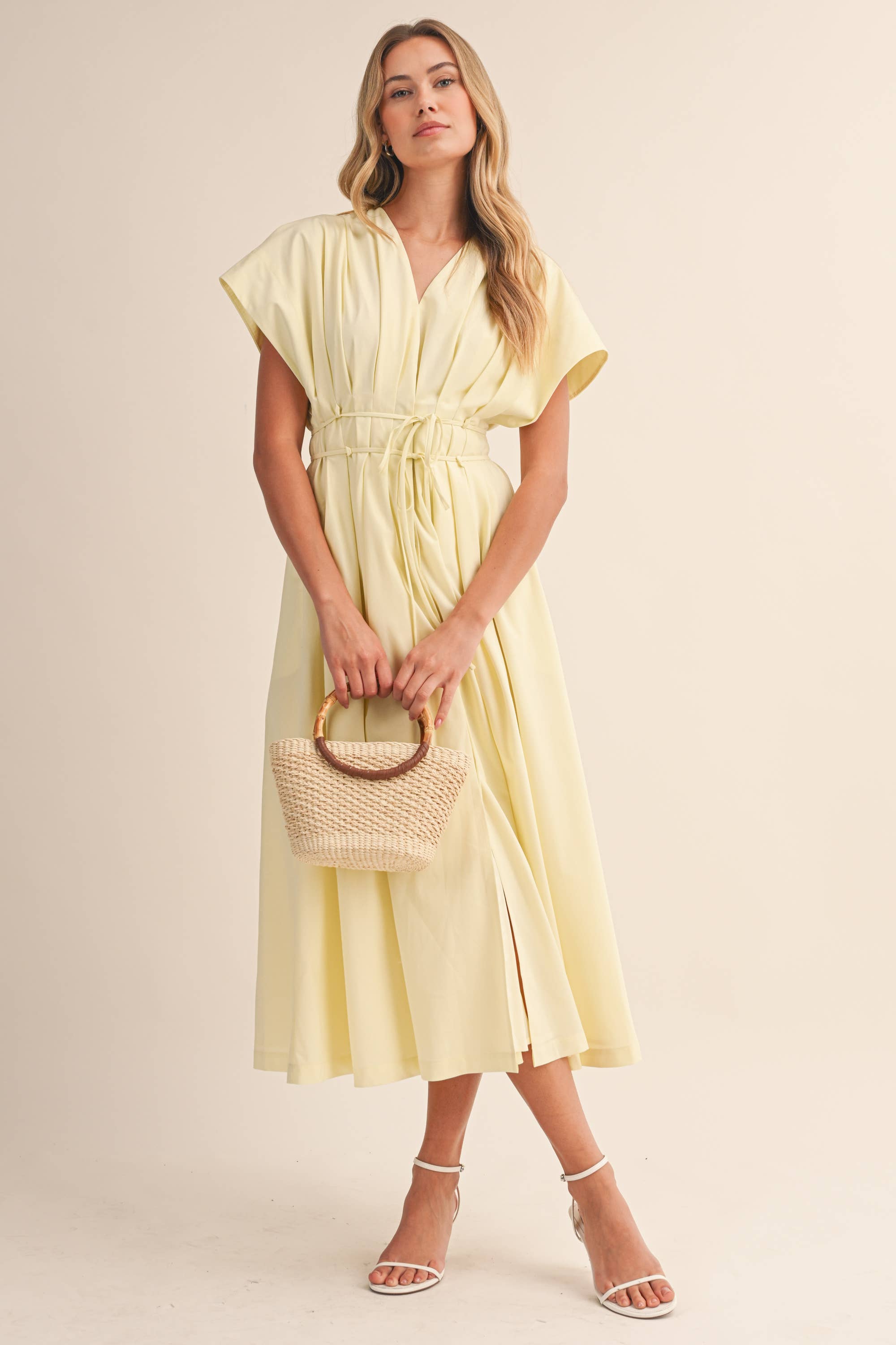POPLIN SHORT SLV PLEATED DETAIL BELTED MAXI DRESS