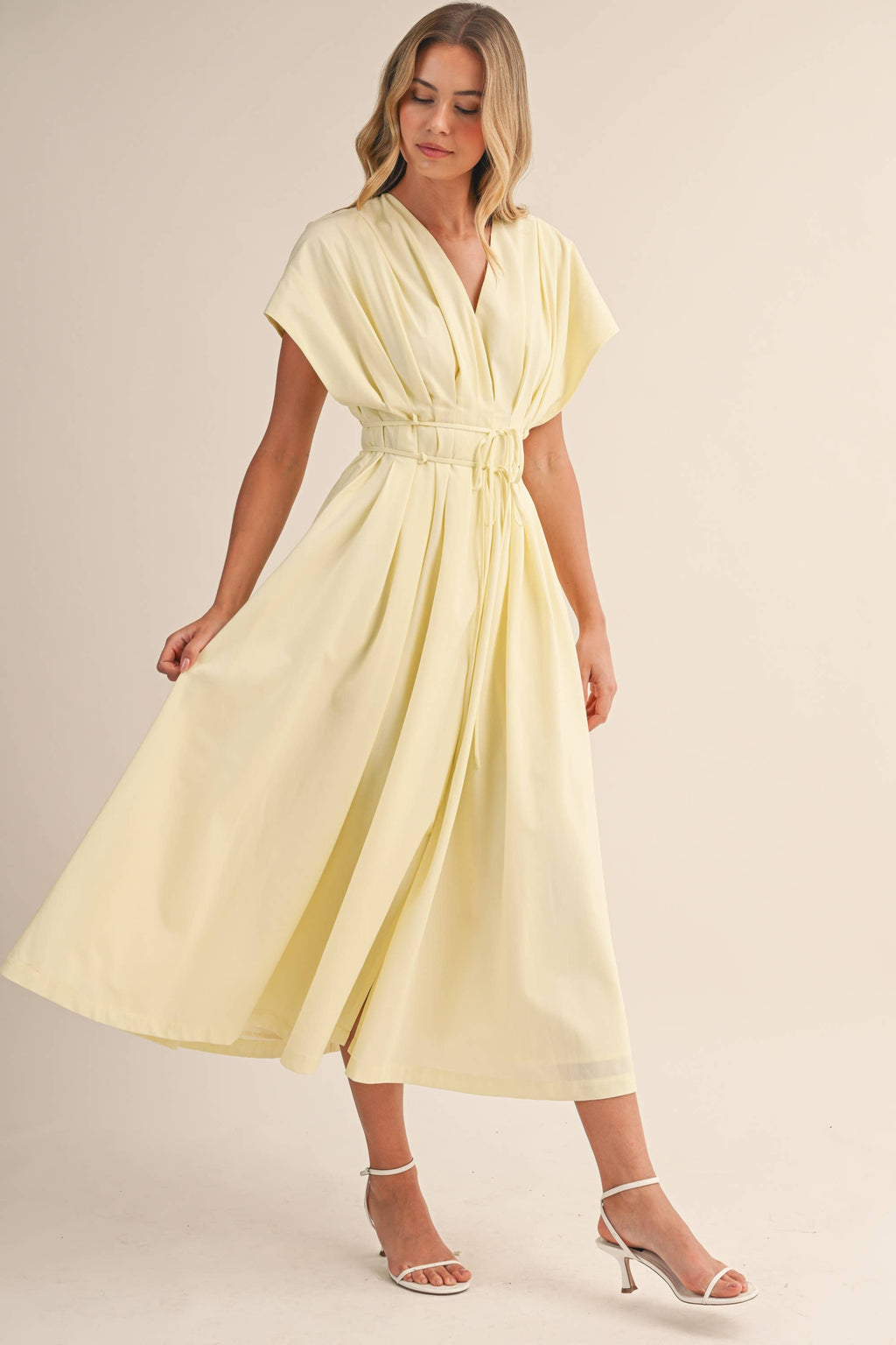 POPLIN SHORT SLV PLEATED DETAIL BELTED MAXI DRESS