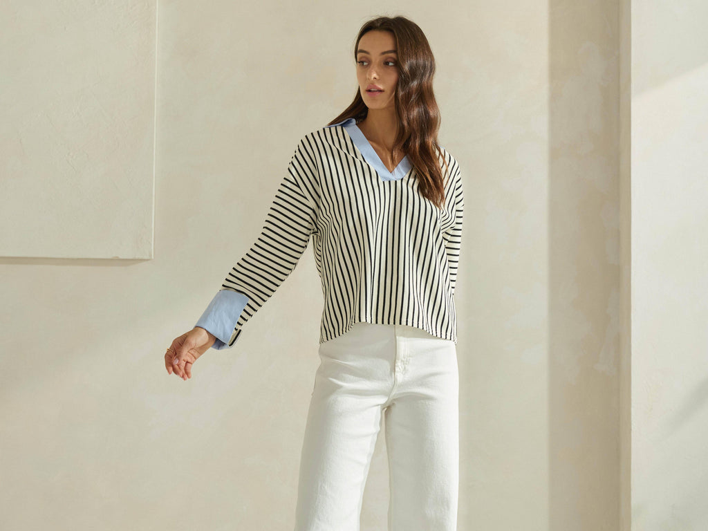 Striped Top with Contrast Neck & Cuffs