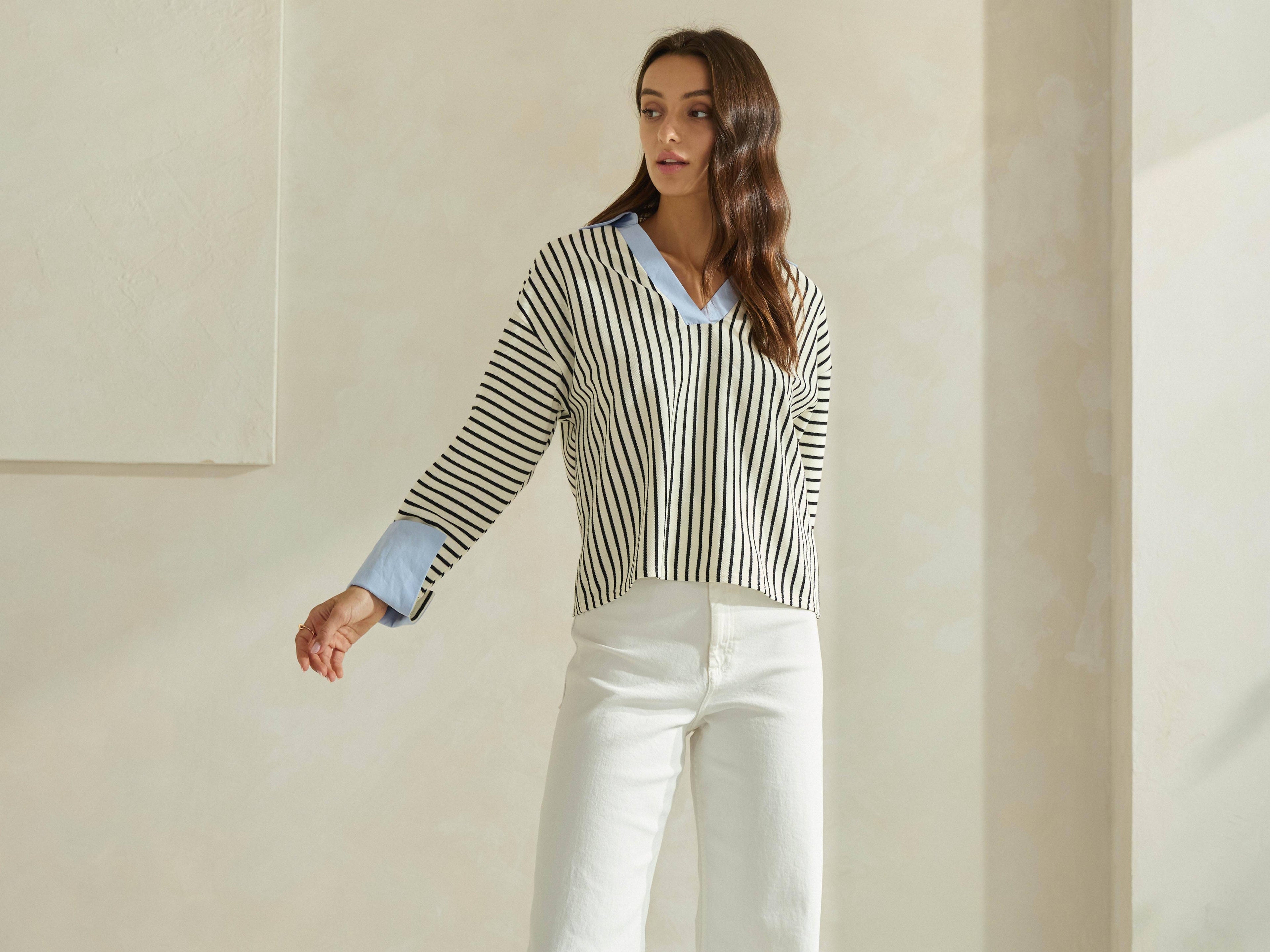 Striped Top with Contrast Neck & Cuffs
