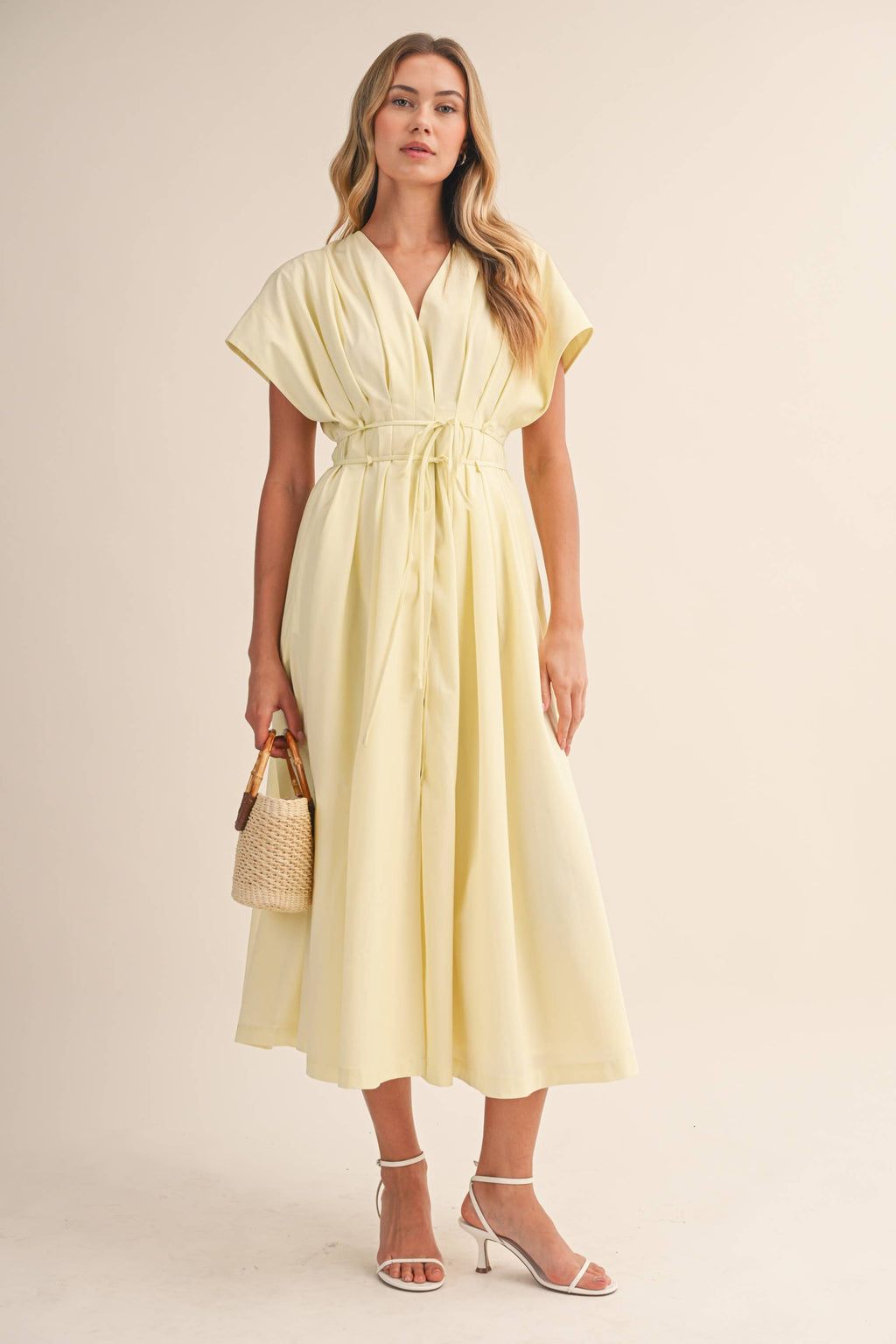 POPLIN SHORT SLV PLEATED DETAIL BELTED MAXI DRESS