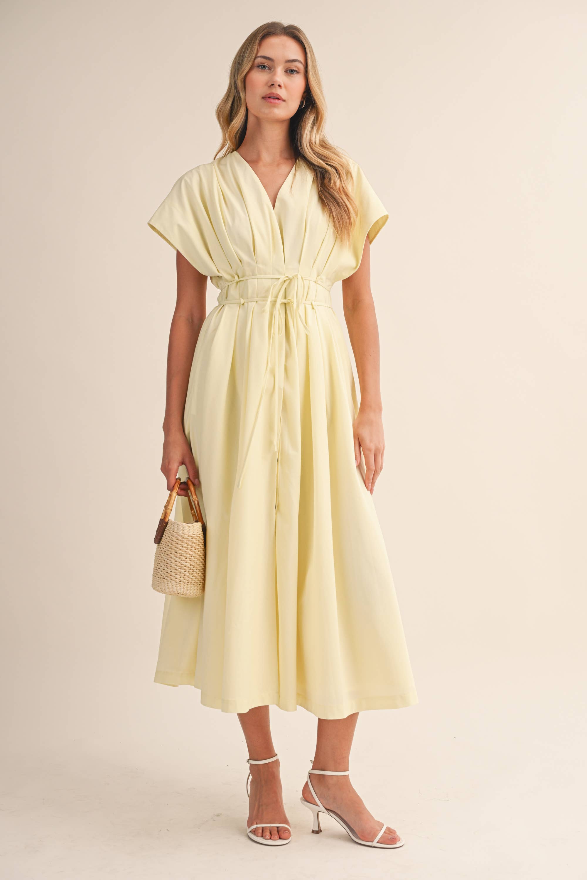 POPLIN SHORT SLV PLEATED DETAIL BELTED MAXI DRESS