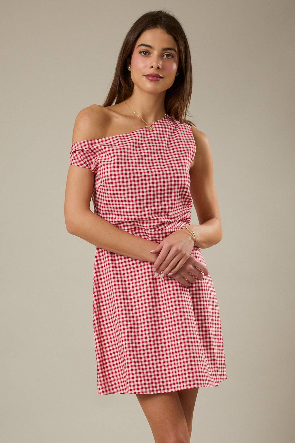 ASYMMETRICAL NECK LINE FIT & FLARE MINI DRESS