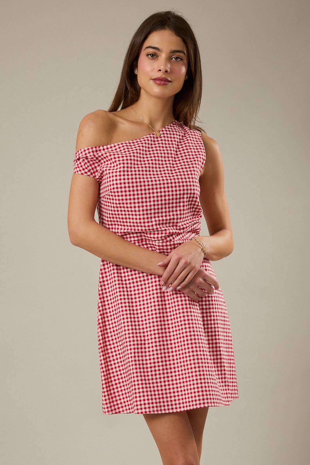 ASYMMETRICAL NECK LINE FIT & FLARE MINI DRESS