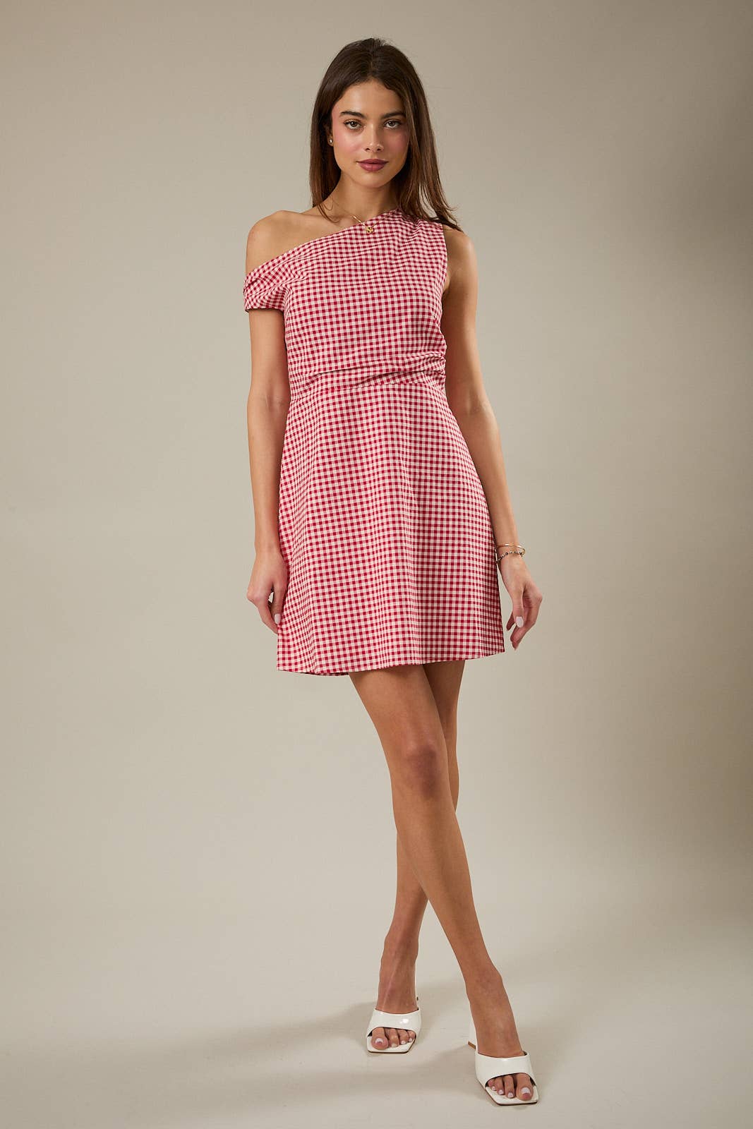 ASYMMETRICAL NECK LINE FIT & FLARE MINI DRESS