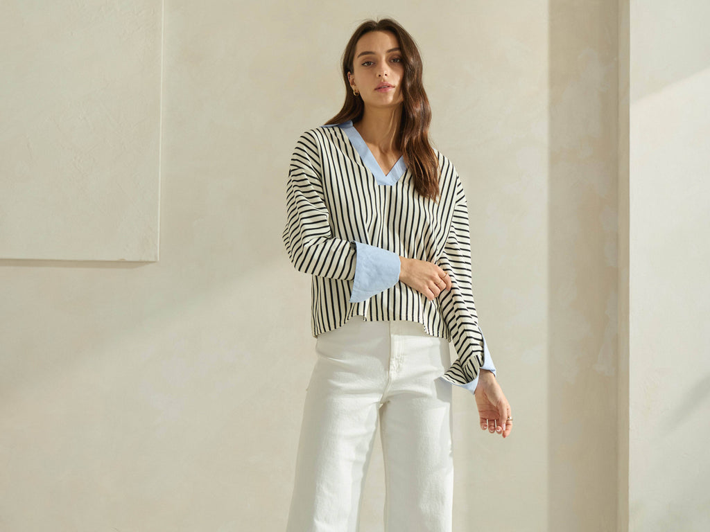 Striped Top with Contrast Neck & Cuffs
