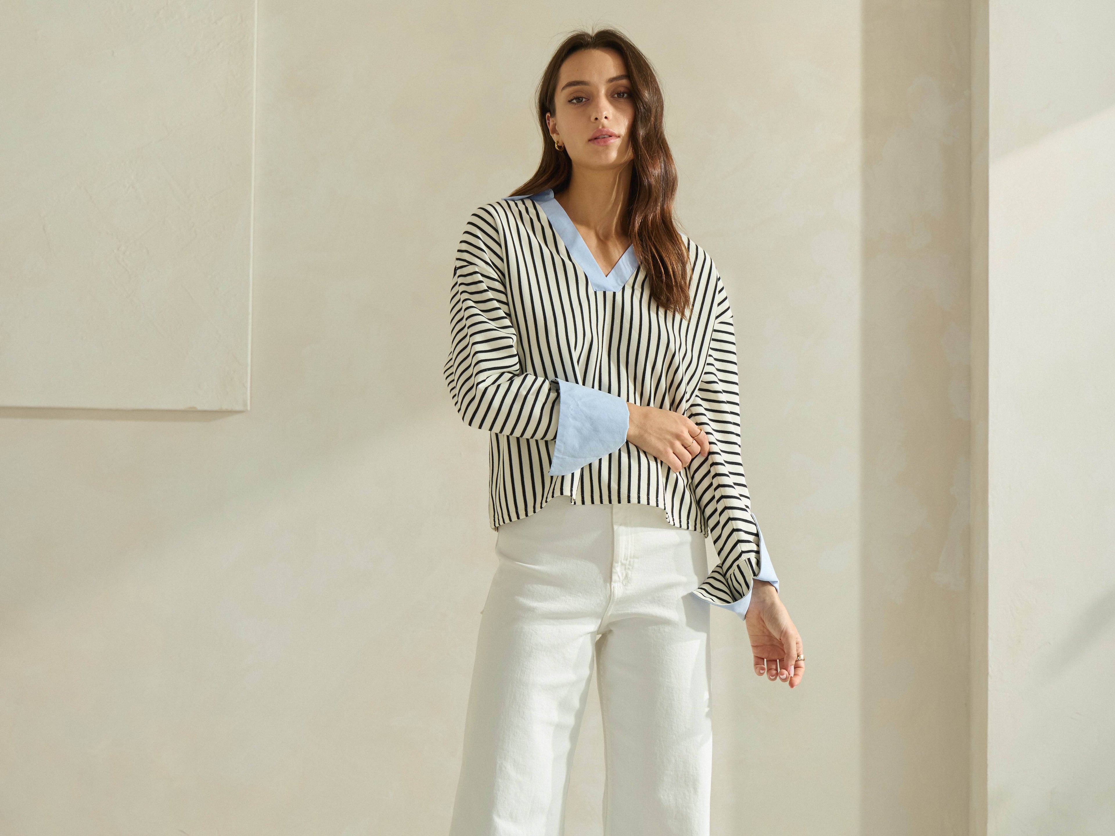 Striped Top with Contrast Neck & Cuffs
