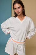 STRIPED BAND V-NECK LS TOP AND SHORTS SET