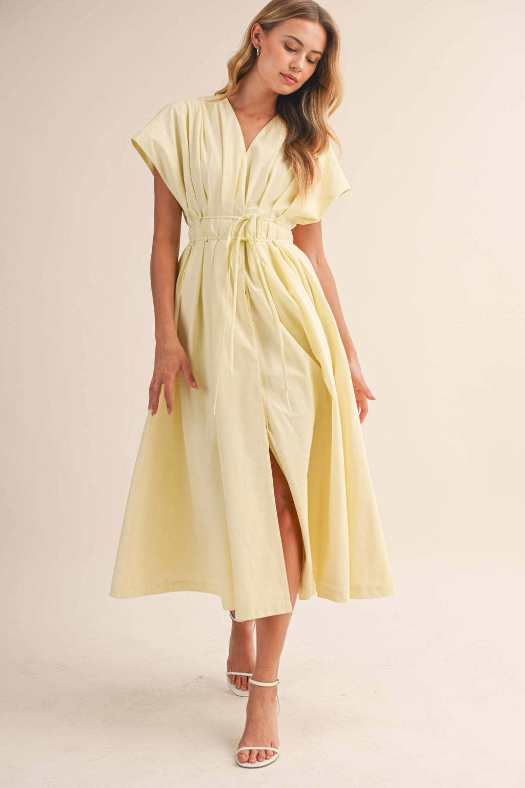 POPLIN SHORT SLV PLEATED DETAIL BELTED MAXI DRESS
